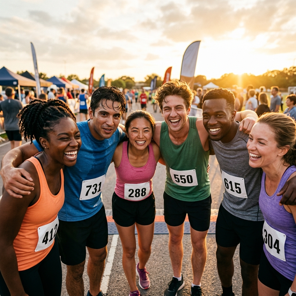 Grupo de atletas celebrando juntos após corrida